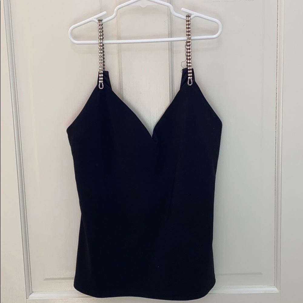 Black deep cut tank with faux diamond straps